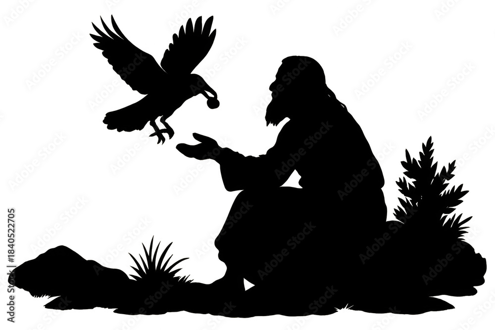 Obraz premium Prophet Elijah receiving food from a raven silhouette