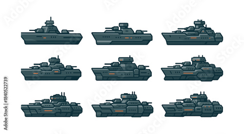 Battleship fleet collection, naval vessels and warships, flat vector illustration
