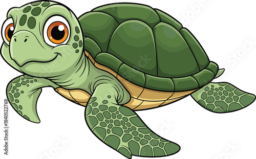 Adorable Cartoon Sea Turtle Swimming with a Big Smile, Featuring Bright Green Shell and Friendly Eyes, Perfect for Ocean Life and Marine Conservation.