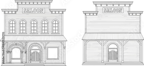 Black and White Line Art Drawing of a Detailed Old West Saloon Building Facade, Ideal for Wild West, Historical Architecture, and Coloring Book Projects.