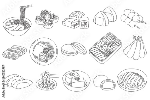 Japan food vector illustration. Set of asian food line vector icons. Snack, street food, sushi, ramen, udon, takoyaki, onigiri, dango. For packaging, menu, restaurant, pattern, coloring book, seamless