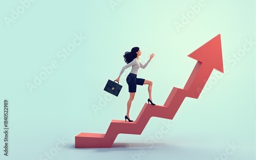 Career success for women or women leadership, achieving goals and business challenges. Confident businesswoman taking small steps up the ladder with arrow pointing up. High quality