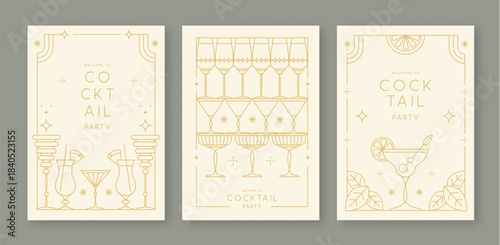 Set of line art retro cocktail party posters with cocktail and champagne glasses. Holiday frames. Vector illustration