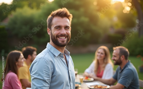 Portrait of Caucasian man with beard standing at yard and smiling at camera. Male at family barbecue. Happy people sitting at dinner table on background. High quality