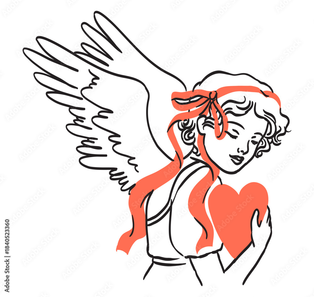 Obraz premium Elegant female angel cupid illustration. Isolated vintage whimsical girl cherub, little angel with bow and ribbon in doodle line art tattoo style for poster, placard or wedding invitation design.