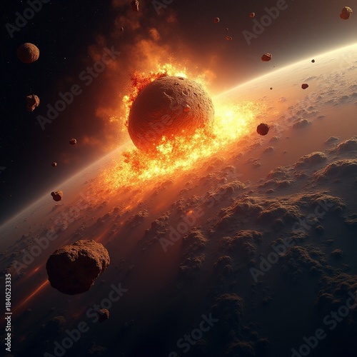 AI generated Intense asteroid breakup emits glowing fragments and dust into cosmic void