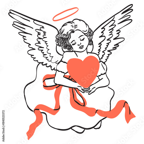 Cute female angel cupid illustration. Isolated vintage whimsical girl cherub, little angel with bow and ribbon in doodle line art tattoo style for poster, placard or wedding invitation design.
