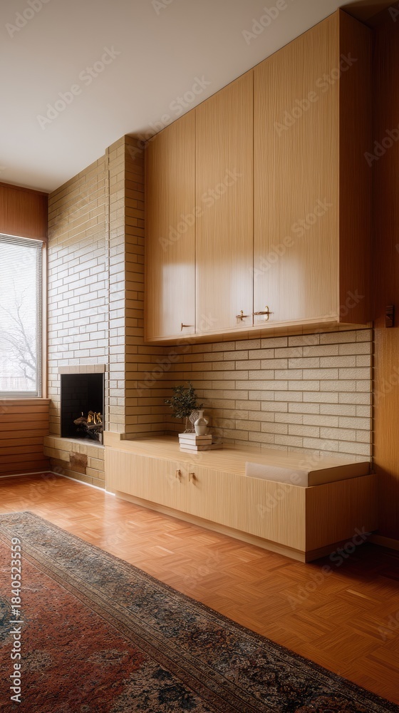 Obraz premium Modern living room with a fireplace and large windows overlooking a green landscape at sunset