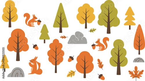 Autumn forest illustration with squirrels holding acorns, colorful fall trees, seasonal nature landscape, flat minimalist woodland vector art design