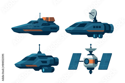 Futuristic spacecraft collection, satellites, space vehicles, flat vector illustration