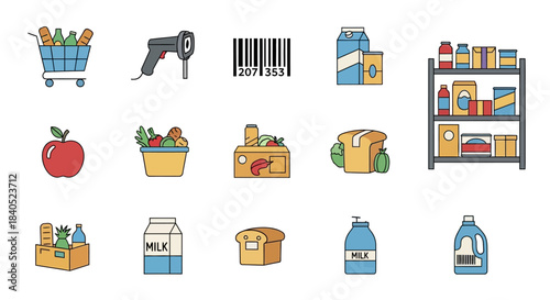 Grocery Shopping Icons - Cart, Scanner, Barcode, and Food Items.