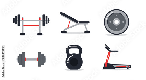 Gym Equipment Set - Barbell, Bench, Weight Plate, Dumbbell, Kettlebell, and Treadmill.