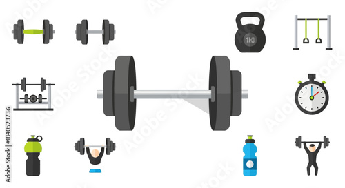 Gym Equipment Vector Illustration - Dumbbells, Kettlebell, Stopwatch, and More.