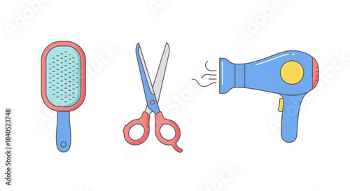 Hairdressing Tools - Brush, Scissors, and Hair Dryer Illustration.