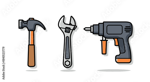 Hand Tools Illustration - Hammer, Wrench, and Drill for Construction.