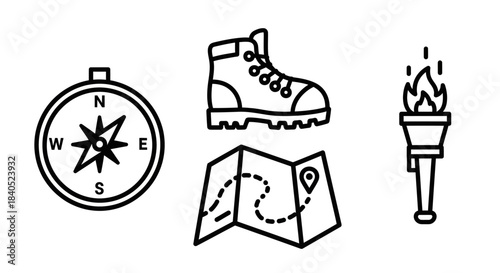 Hiking and Exploration Icons - Compass, Boot, Map, and Torch in Black and White.