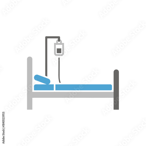 Hospital Bed with IV Drip - Gray Frame, Blue Mattress and Pillow, Medical Treatment.