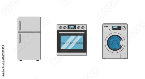 Home Appliances - Refrigerator, Oven, and Washing Machine Illustration.