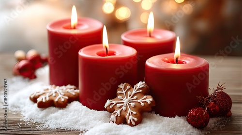 Festive red candles surrounded by holiday decorations on a snowy winter day