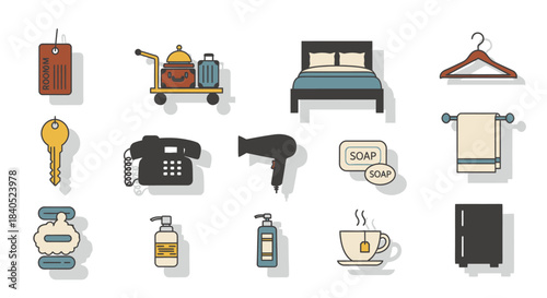 Hotel Amenities Icons - Luggage, Bed, Hanger, Key, Phone, Hairdryer, Soap, Towel, Shampoo, Tea.