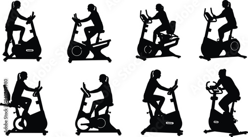 Flat design vector illustration of a young woman cycling on a stationary bike, active girl engaging in a cardio workout for health, fitness, and a happy lifestyle.