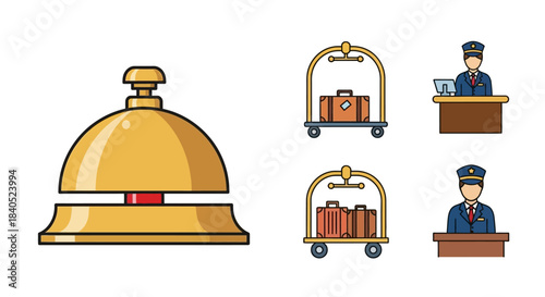 Hotel Service Icons - Bell, Luggage Cart, and Receptionist Illustrations.