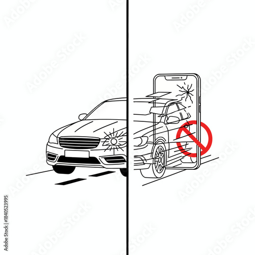 Don't Use Phone While Driving Vector, Distracted Driving Warning