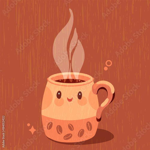 Cute smiling coffee mug with steam rising, drawn in warm textured  style. Cozy, friendly illustration perfect for café themes, autumn vibes and cute decorative designs.