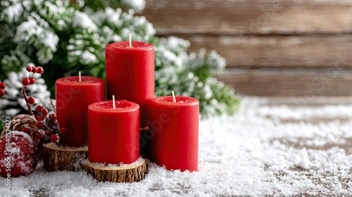 Festive red candles surrounded by holiday decorations on a snowy winter day