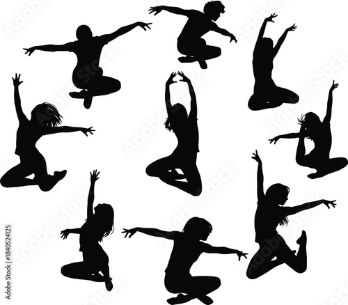Giant Vector Collection of Black Silhouette Figures in Dynamic Action Poses, Featuring Figure Skating, Breakdance, Martial Arts, Hip Hop, Kicks, Jumps, and Intense Sword Fighting Stances, Isolated 