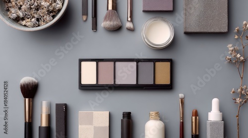 Stylish Makeup Flat Lay with Tools and Accessories on Grey Background