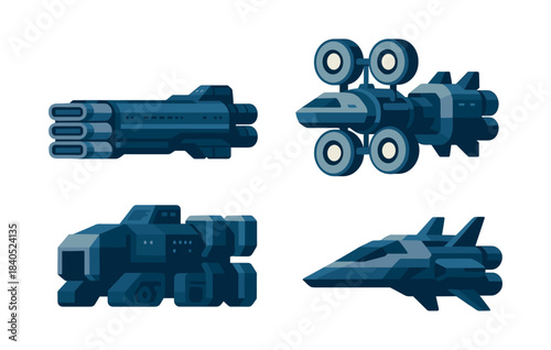 Sci-fi space ships set, futuristic vehicles, space travel, flat vector illustration