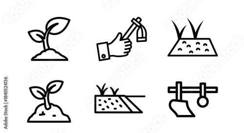 Icons depicting various stages and tools used in agriculture and farming.