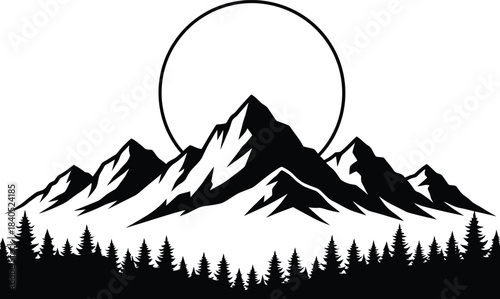 Minimalist mountain landscape with forest and circular sun design