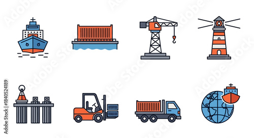 Icons of global shipping and logistics industry elements.