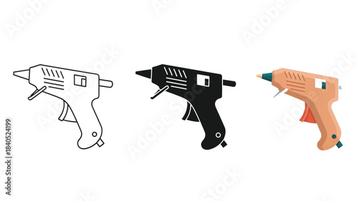 Three styles of hot glue gun outline, solid silhouette, and full color illustration on