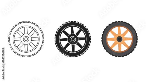 Set of three wheel icons, outline, solid black, and color illustration