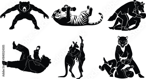 Wild Athletes: Vector Graphic Set Featuring Animals in Jiu-Jitsu, Grappling, and Weightlifting Training.