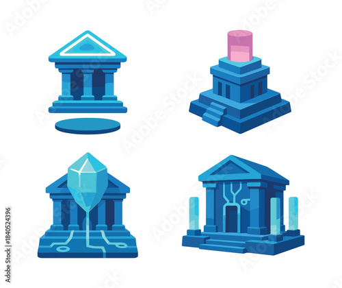 Fantasy building set, ancient temples and crystal, flat vector illustration