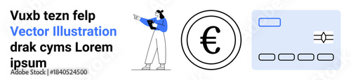 Female figure holding a document, euro currency coin icon, credit card graphic. Ideal for finance, banking, digital payment, savings, investment, e-commerce simple landing page