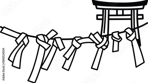 Black and white illustration of omikuji fortune slips tied to a rope at a Japanese Shinto shrine with a torii gate in the background.