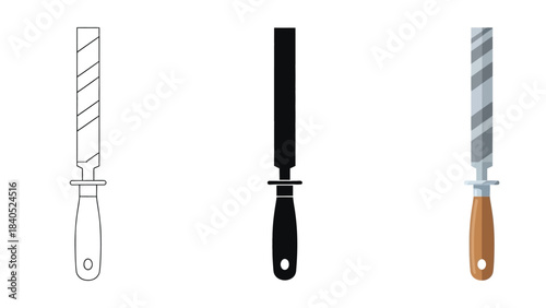 Set of three metal files with different styles outline, silhouette, and colored illustration, for woodworking and metalworking tasks
