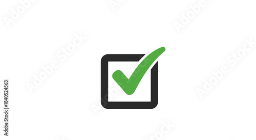 Green Check Mark Inside Black Square Box on White Background.