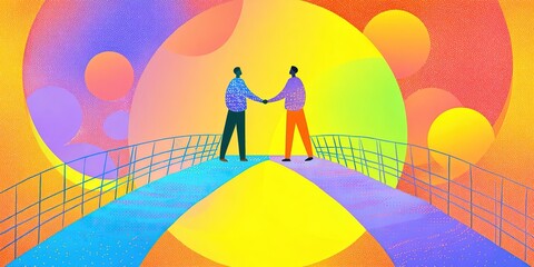 Foto auf Acrylglas Gelb Two people shake hands on a colorful bridge during a sunny day in a vibrant landscape full of shapes and colors  © BYAI
