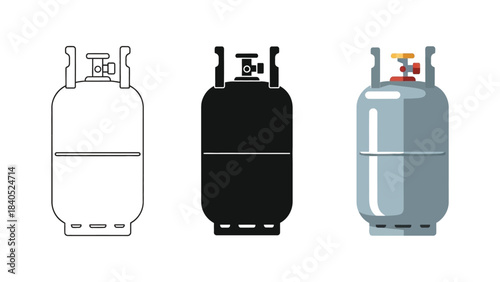 Set of three icons representing a gas cylinder or propane tank in different styles outline, silhouette, and color illustration