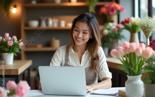 Portrait of female small business owner managing accounting books while using laptop at table in flower shop, copy space. High quality