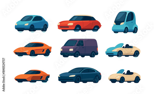Set of flat vector illustration of cars, vehicles, transport, in various styles