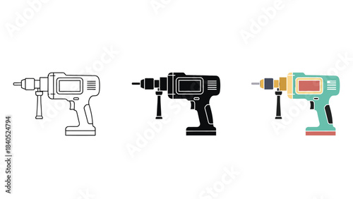 Set of three power drill icons outline, solid black, and color style for construction and tool design