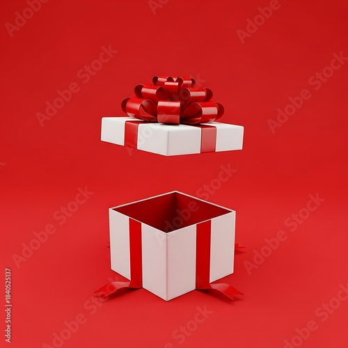 Open white gift box with red ribbon and bow on red background
