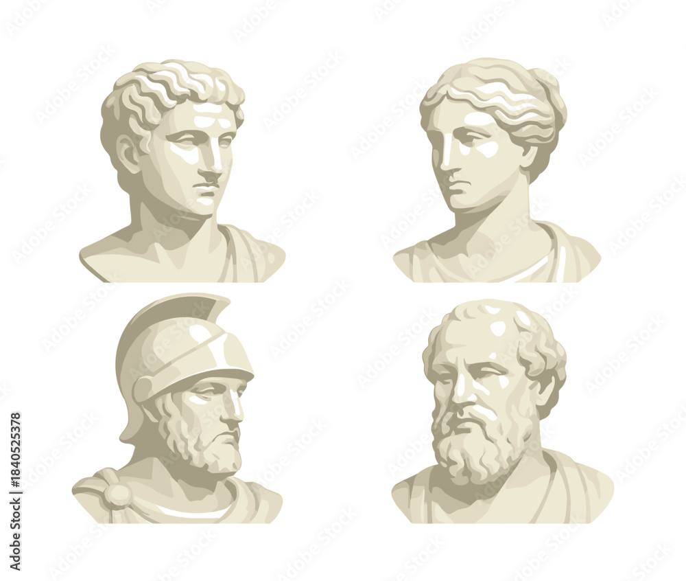 Obraz premium Classical sculptures collection, ancient busts, roman greek art, flat vector illustration
